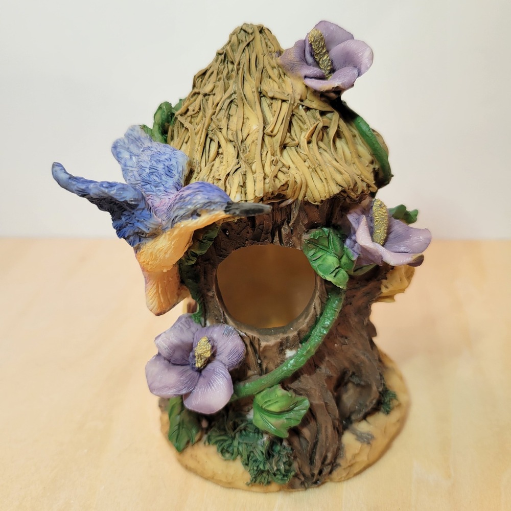 Whimsical Birdhouse Figurine Rustic Fairy Garden Decor Blue Bird‎ Purple Flowers
